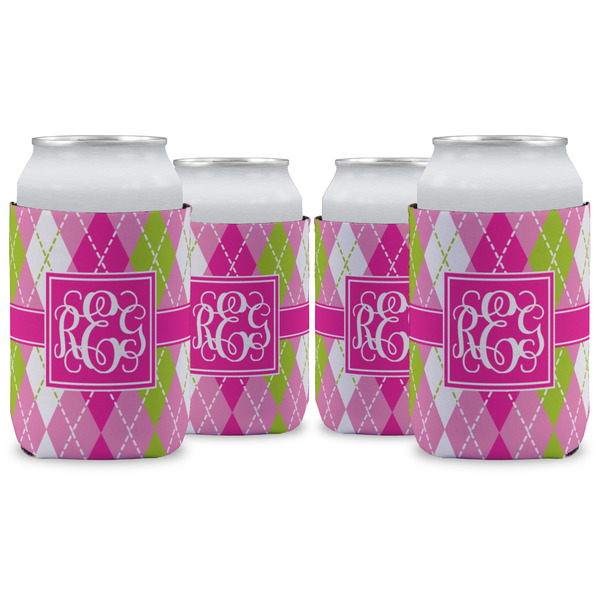 Custom Pink & Green Argyle Can Cooler (12 oz) - Set of 4 w/ Monogram