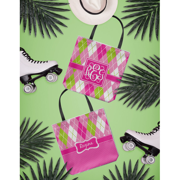 Pink & Green Argyle Canvas Tote Lifestyle Front and Back- 13x13