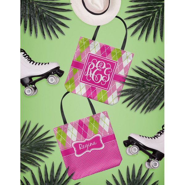 Pink & Green Argyle Canvas Tote Lifestyle Front and Back