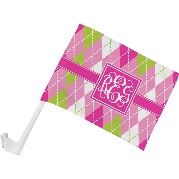 Custom Pink & Green Argyle Car Flag - Small w/ Monogram