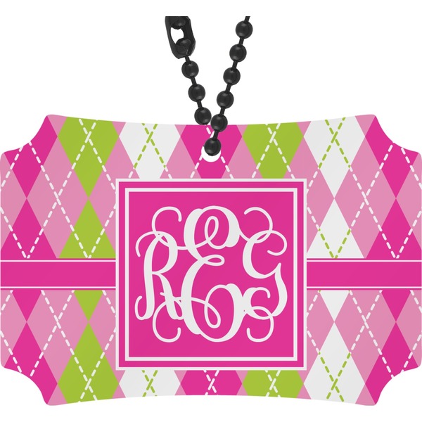 Custom Pink & Green Argyle Rear View Mirror Ornament (Personalized)
