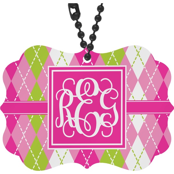 Custom Pink & Green Argyle Rear View Mirror Decor (Personalized)