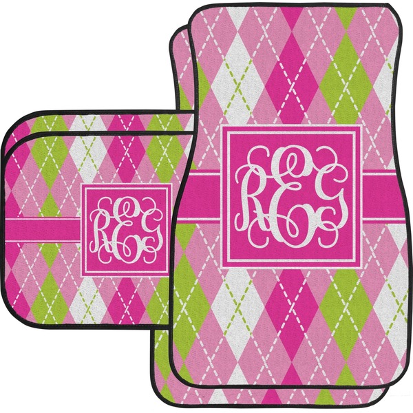 Custom Pink & Green Argyle Car Floor Mats Set - 2 Front & 2 Back (Personalized)