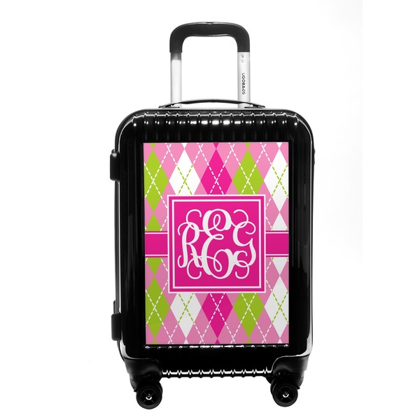 Custom Pink & Green Argyle Carry On Hard Shell Suitcase (Personalized)