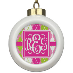 Pink & Green Argyle Ceramic Ball Ornament (Personalized)