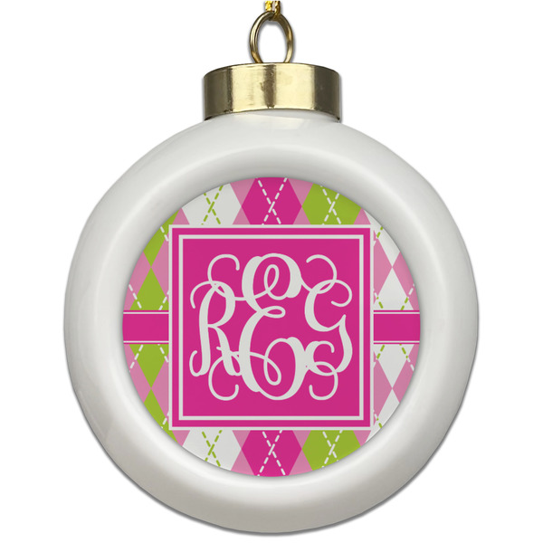 Custom Pink & Green Argyle Ceramic Ball Ornament (Personalized)