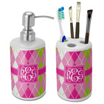 Pink & Green Argyle Ceramic Bathroom Accessories Set (Personalized)