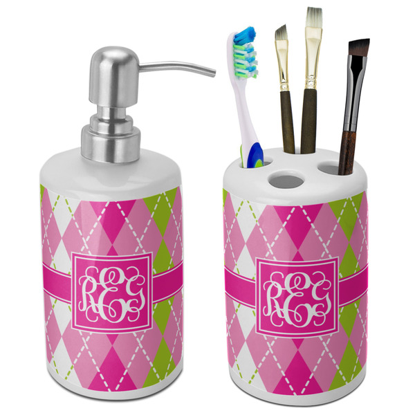 Custom Pink & Green Argyle Ceramic Bathroom Accessories Set (Personalized)