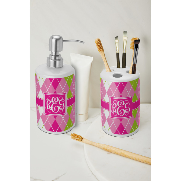Pink & Green Argyle Ceramic Bathroom Accessories - LIFESTYLE (toothbrush holder & soap dispenser)