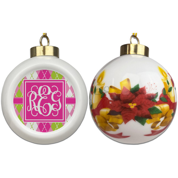 Pink & Green Argyle Ceramic Christmas Ornament - Poinsettias (APPROVAL)