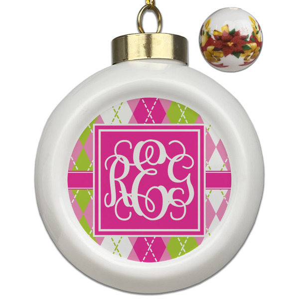 Custom Pink & Green Argyle Ceramic Ball Ornaments - Poinsettia Garland (Personalized)