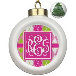 Pink & Green Argyle Ceramic Ball Ornament - Christmas Tree (Personalized)