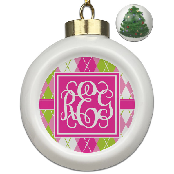 Custom Pink & Green Argyle Ceramic Ball Ornament - Christmas Tree (Personalized)