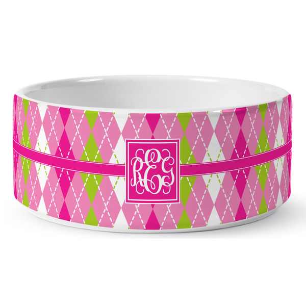 Pink & Green Argyle Ceramic Dog Bowl - Medium - Front
