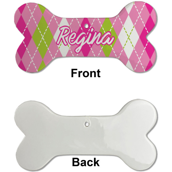 Pink & Green Argyle Ceramic Flat Ornament - Bone Front & Back Single Print (APPROVAL)