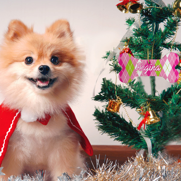 Pink & Green Argyle Ceramic Flat Ornament - Bone (LIFESTYLE)