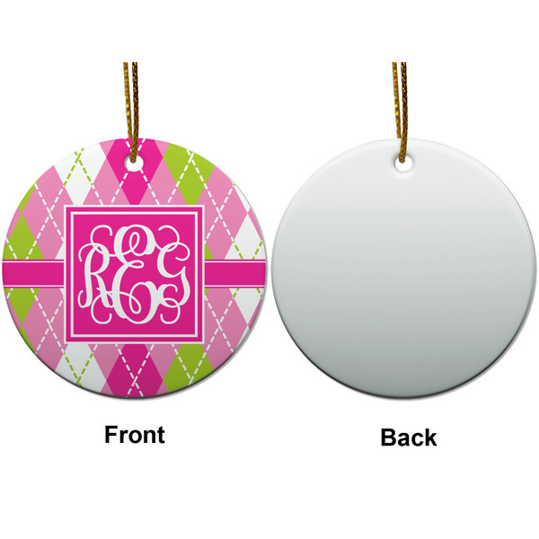 Pink & Green Argyle Ceramic Flat Ornament - Circle Front & Back (APPROVAL)