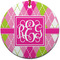 Pink & Green Argyle Ceramic Flat Ornament - Circle (Front)