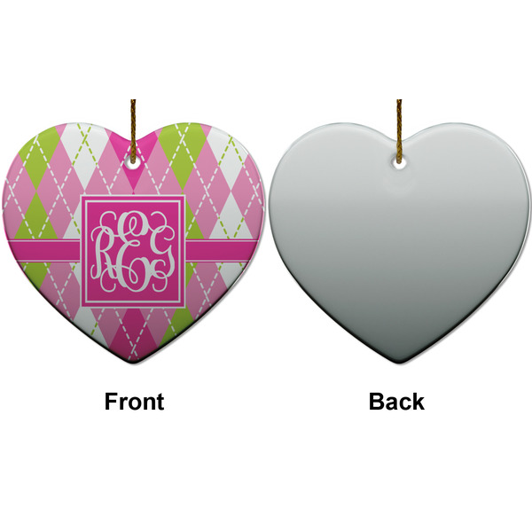 Pink & Green Argyle Ceramic Flat Ornament - Heart Front & Back (APPROVAL)