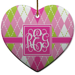 Pink & Green Argyle Heart Ceramic Ornament w/ Monogram