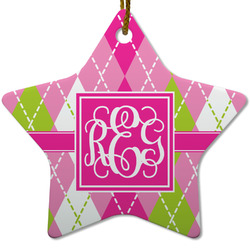 Pink & Green Argyle Star Ceramic Ornament w/ Monogram
