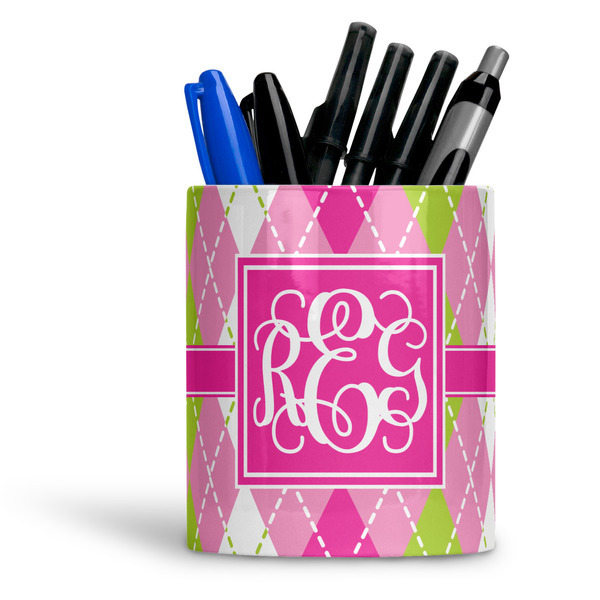 Custom Pink & Green Argyle Ceramic Pen Holder