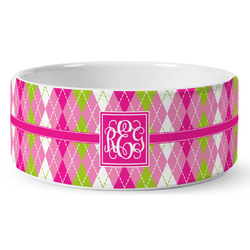 Pink & Green Argyle Ceramic Dog Bowl - Large (Personalized)