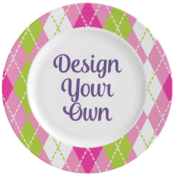 Custom Pink & Green Argyle Ceramic Dinner Plates (Set of 4) (Personalized)