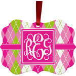 Pink & Green Argyle Metal Frame Ornament - Double Sided w/ Monogram