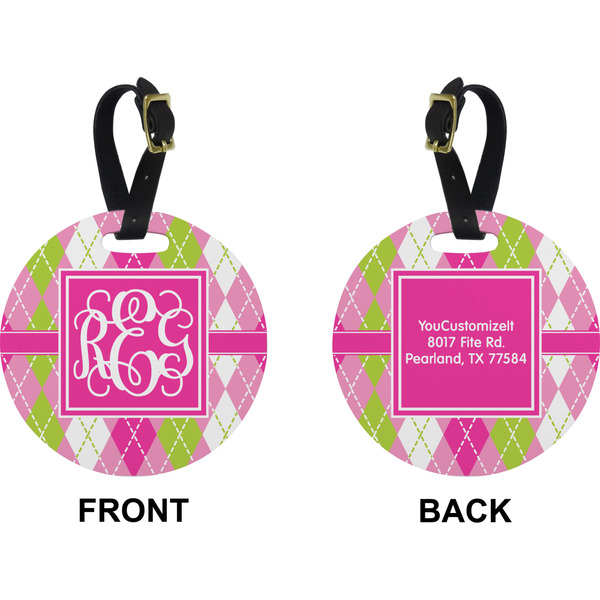 Pink & Green Argyle Circle Luggage Tag (Front + Back)