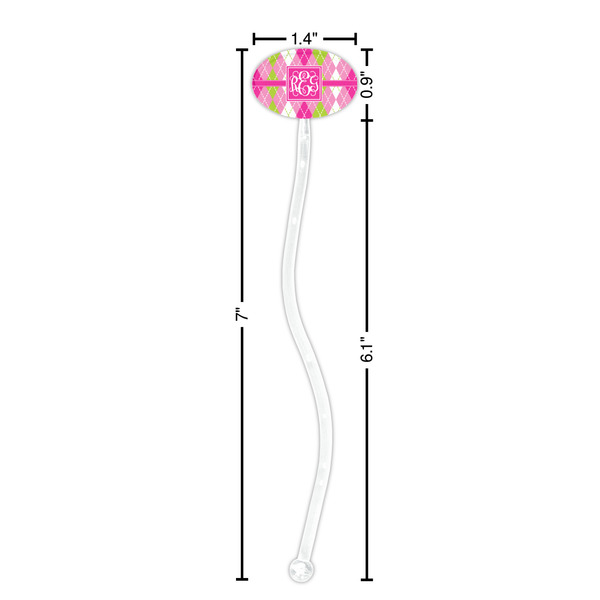 Pink & Green Argyle Clear Plastic 7" Stir Stick - Oval - Dimensions