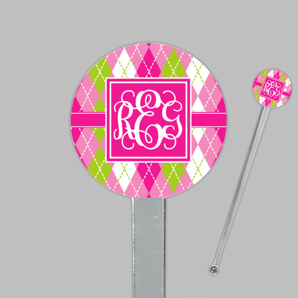 Pink & Green Argyle Clear Plastic 7" Stir Stick - Round - Closeup