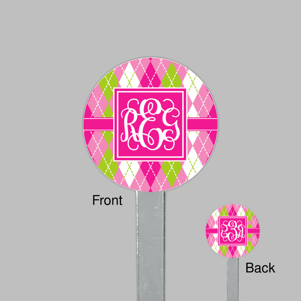 Pink & Green Argyle Clear Plastic 7" Stir Stick - Round - Front & Back