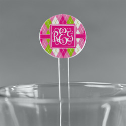 Pink & Green Argyle 7" Round Plastic Stir Sticks - Clear (Personalized)