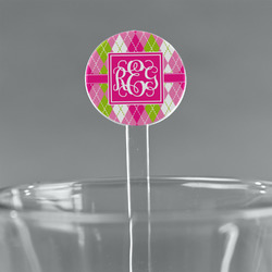 Pink & Green Argyle 5.5" Round Plastic Stir Sticks - Clear (Personalized)