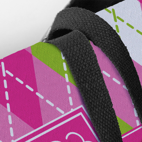 Pink & Green Argyle Closeup of Tote w/Black Handles