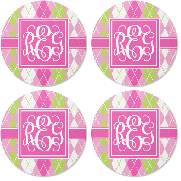 Pink & Green Argyle Coaster Round Rubber Back - Apvl