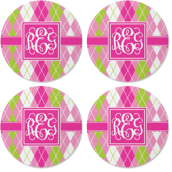 Pink & Green Argyle Coaster Round Rubber Back - Apvl