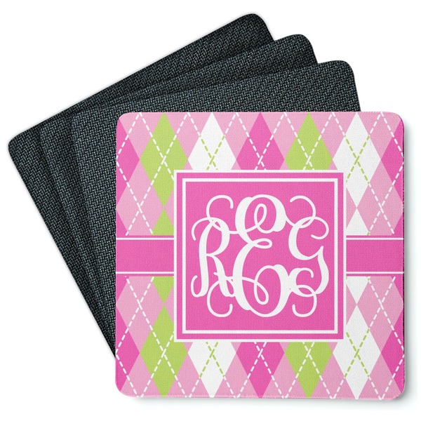 Custom Pink & Green Argyle Square Rubber Backed Coasters - Set of 4 (Personalized)