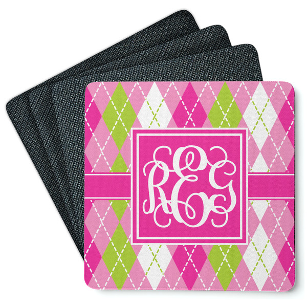 Custom Pink & Green Argyle Square Rubber Backed Coasters - Set of 4 (Personalized)