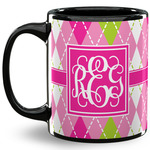 Pink & Green Argyle 11 Oz Coffee Mug - Black (Personalized)