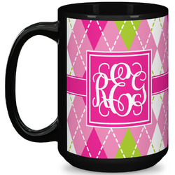 Pink & Green Argyle 15 Oz Coffee Mug - Black (Personalized)