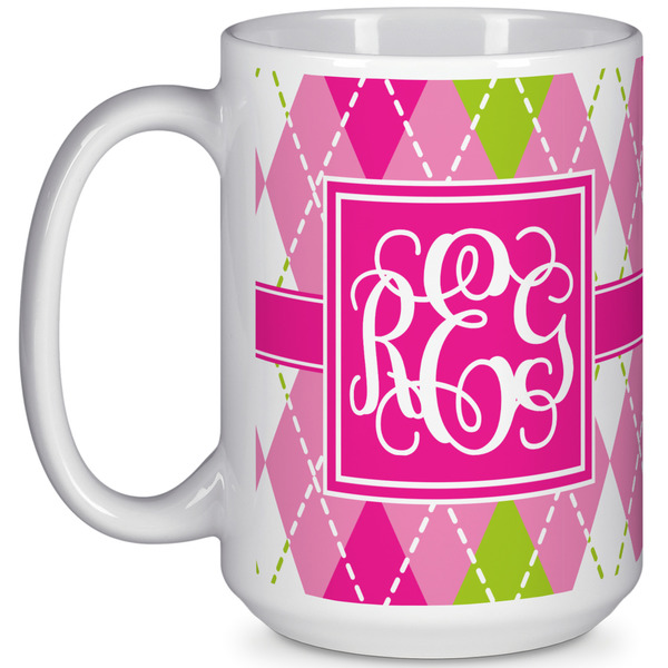 Custom Pink & Green Argyle 15 Oz Coffee Mug - White (Personalized)