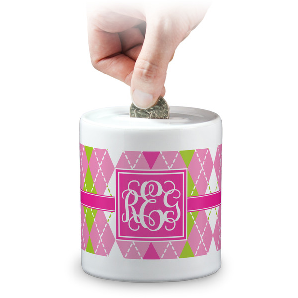 Custom Pink & Green Argyle Coin Bank (Personalized)