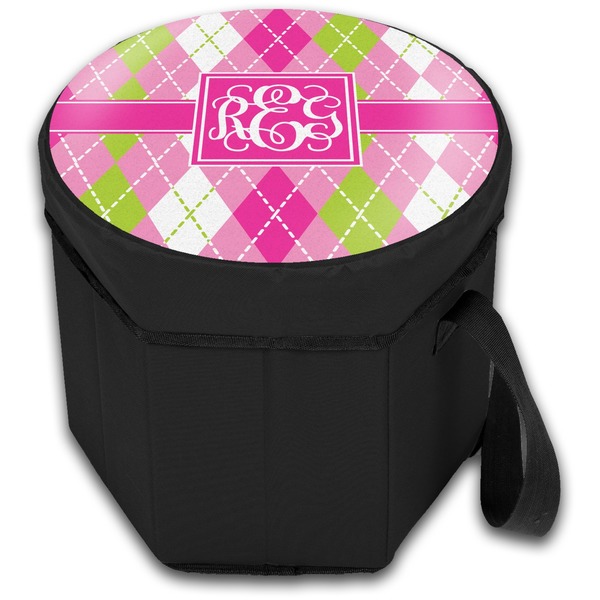 Pink & Green Argyle Collapsible Personalized Cooler & Seat (Closed)