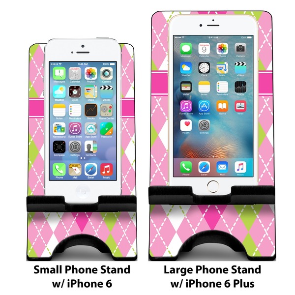 Pink & Green Argyle Compare Phone Stand Sizes - with iPhones
