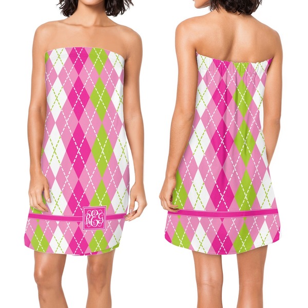 Pink & Green Argyle Custom Bath Wrap - Front & Back View