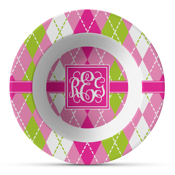 Custom Pink & Green Argyle Plastic Bowl - Microwave Safe - Composite Polymer (Personalized)