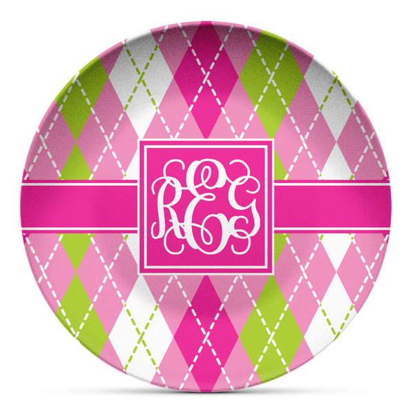 Custom Pink & Green Argyle Microwave Safe Plastic Plate - Composite Polymer (Personalized)