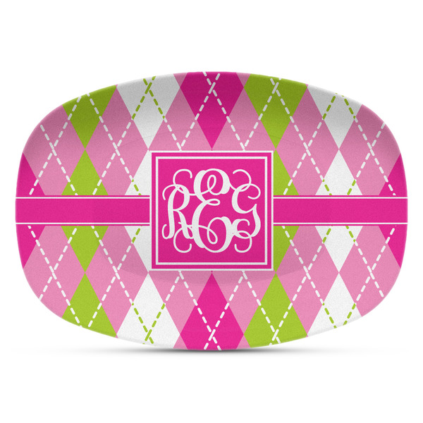 Custom Pink & Green Argyle Plastic Platter - Microwave & Oven Safe Composite Polymer (Personalized)